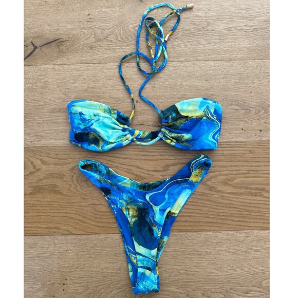 Kamari Swim - Skye Bandeau Bikini Top & Cheeky Bottoms in Blue & Green - Picture 1 of 4